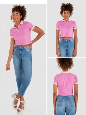 Pink Women's Cropped Polo Top with Contrast Trim